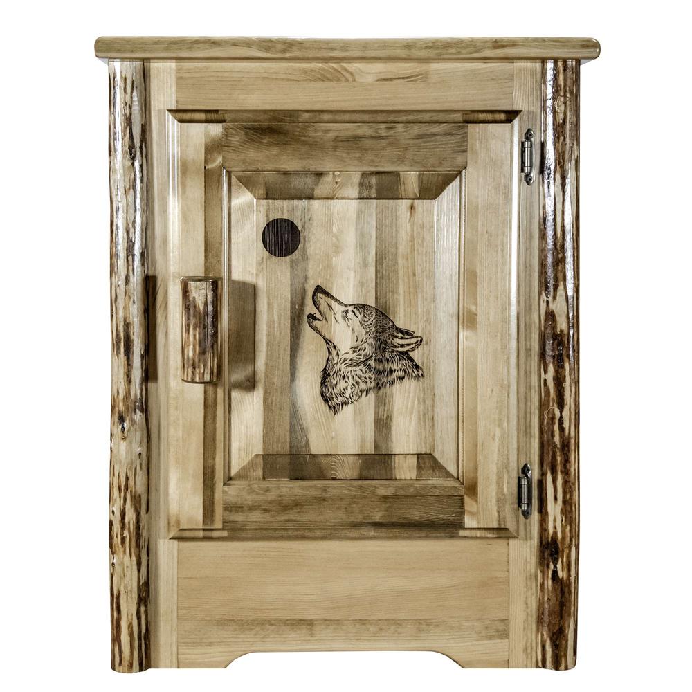 Glacier Country Collection Accent Cabinet w/ Laser Engraved Wolf Design, Right Hinged. Picture 2