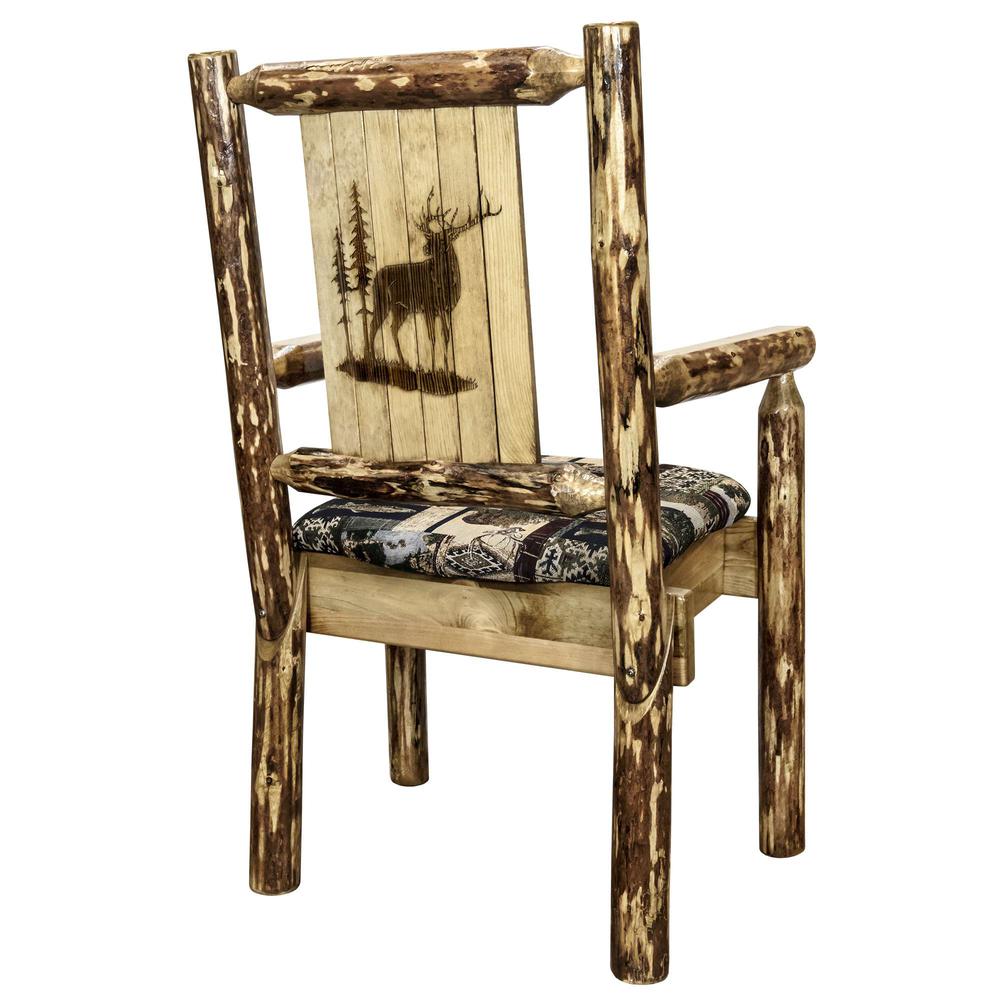 Glacier Country Collection Captain's Chair, Woodland Upholstery w/ Laser Engraved Elk Design. Picture 1