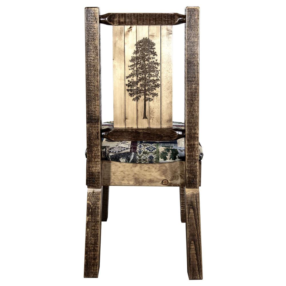 Homestead Collection Side Chair - Woodland Upholstery w/ Laser Engraved Pine Tree Design, Stain & Lacquer Finish. Picture 2