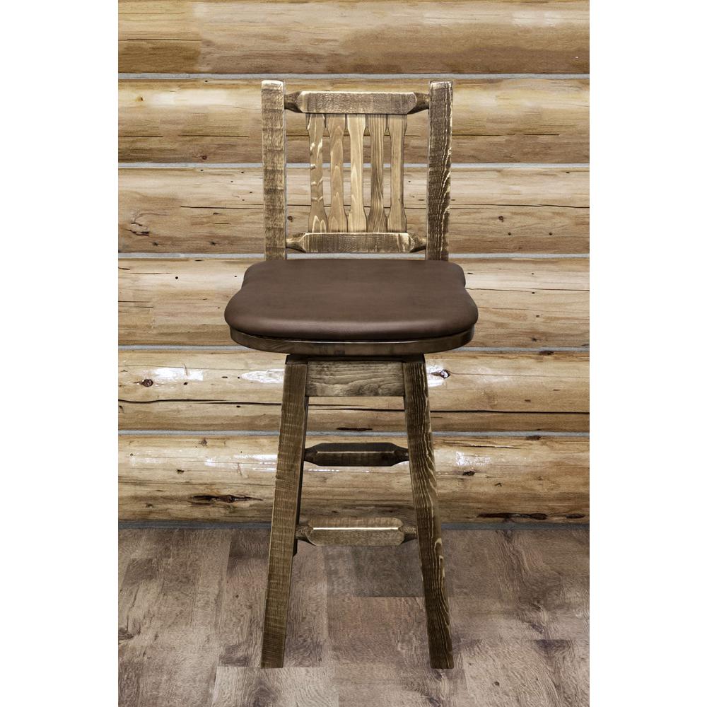 Homestead Collection Barstool w/ Back & Swivel, Stain & Clear Lacquer Finish w/ Upholstered Seat, Saddle Pattern. Picture 3