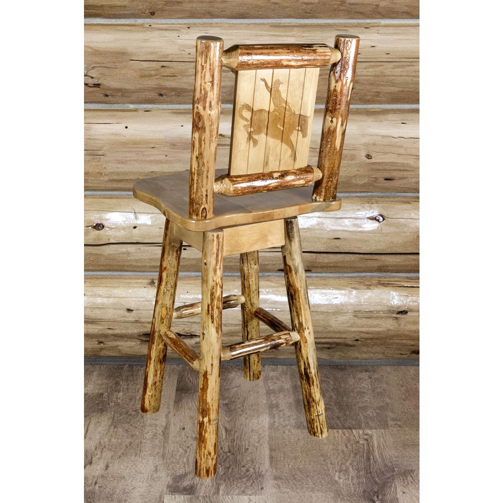 Glacier Country Collection Barstool w/ Back & Swivel w/ Laser Engraved Bronc Design. Picture 6