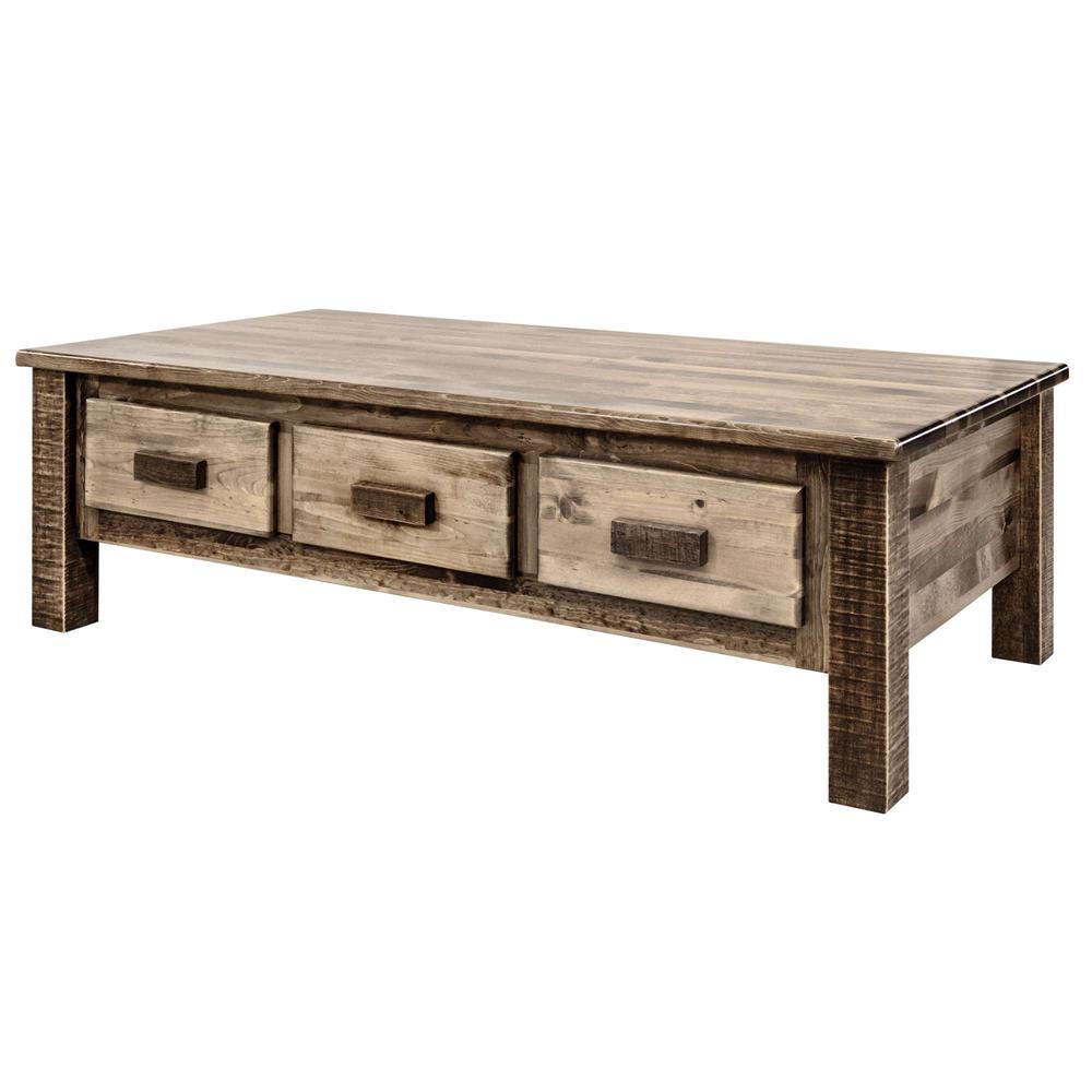 Homestead Collection Large Coffee Table w/ 6 Drawers, Stain & Clear Lacquer Finish. Picture 3