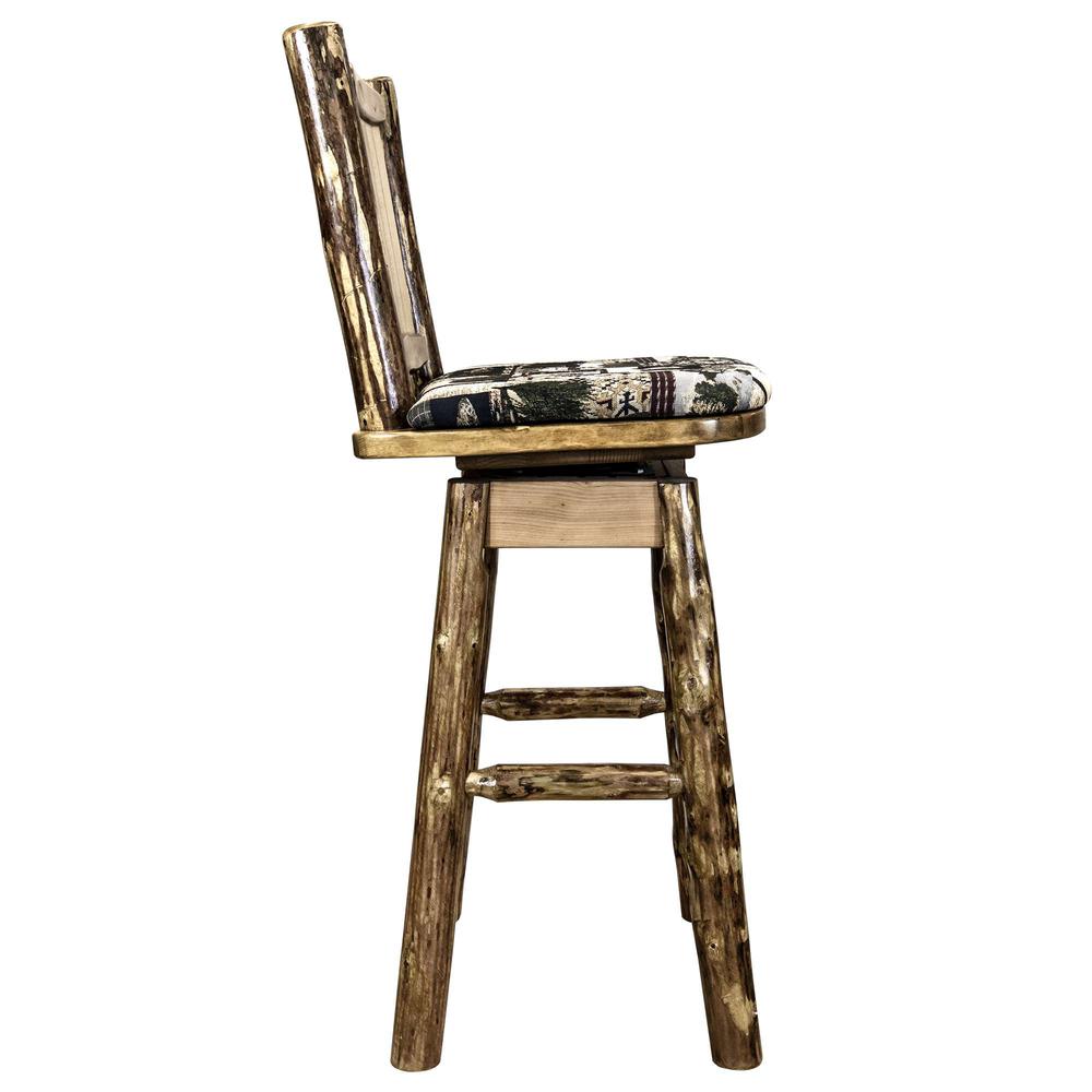 Glacier Country Collection Barstool w/ Back & Swivel, Woodland Pattern Upholstery w/ Laser Engraved Pine Tree Design. Picture 5