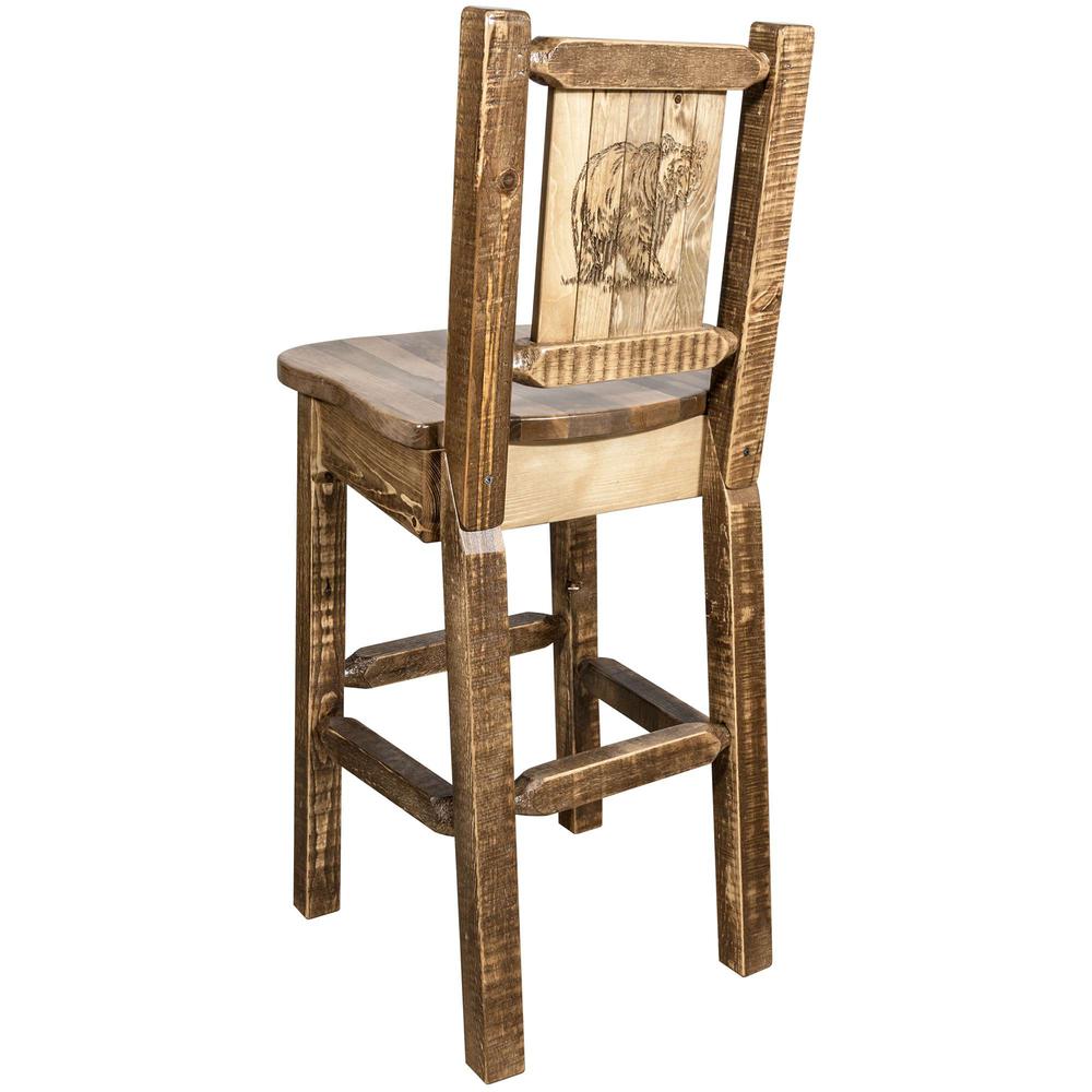 Homestead Collection Barstool w/ Back, w/ Laser Engraved Bear Design, Stain & Lacquer Finish. Picture 1
