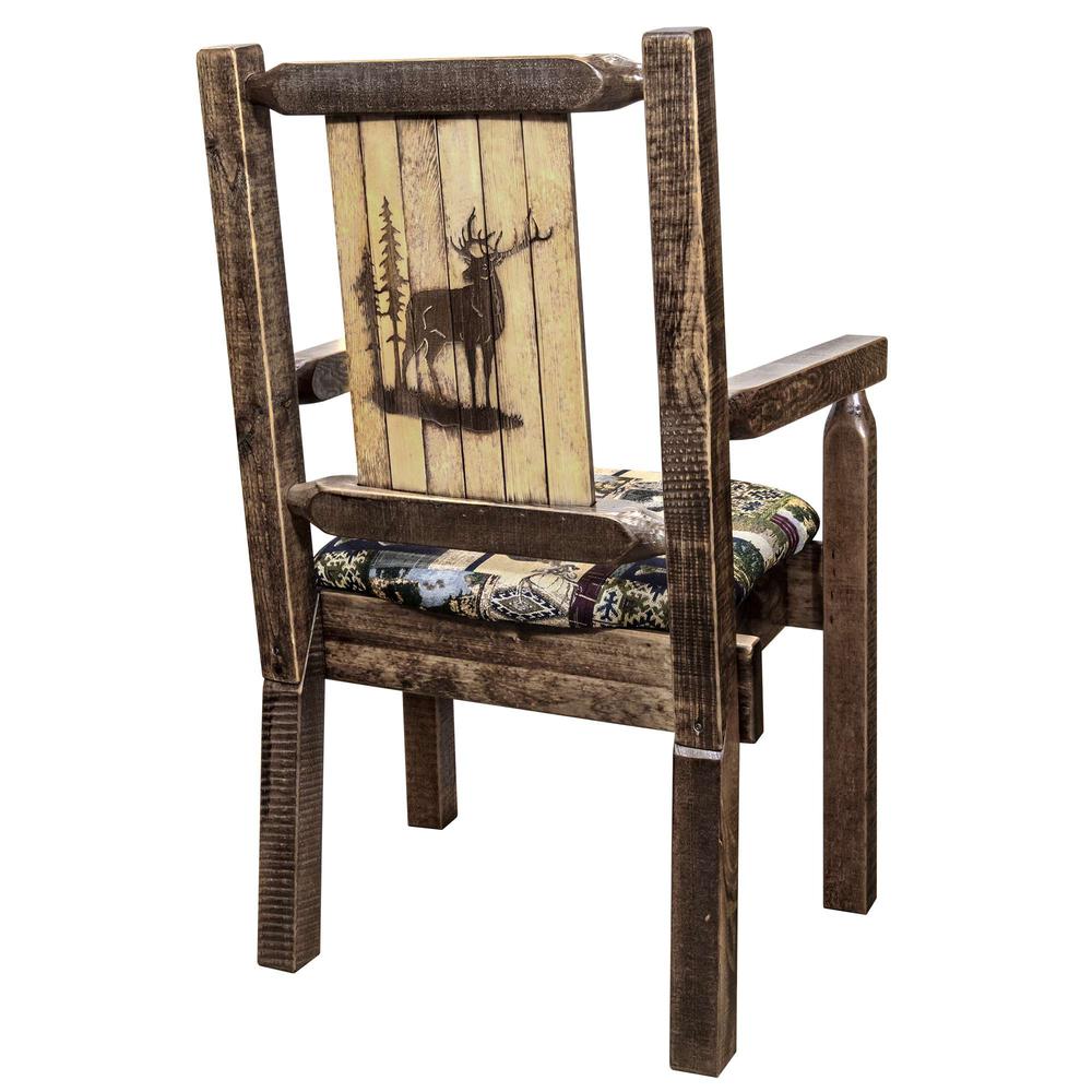 Homestead Collection Captain's Chair, Woodland Upholstery w/ Laser Engraved Elk Design, Stain & Lacquer Finish. Picture 1