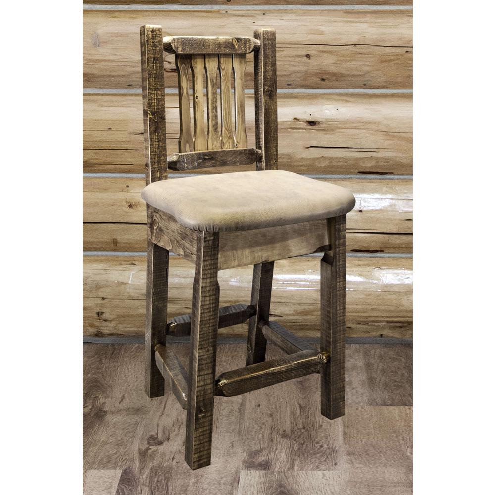 Homestead Collection Counter Height Barstool w/ Back - Buckskin Upholstery, Stain & Lacquer Finish. Picture 3