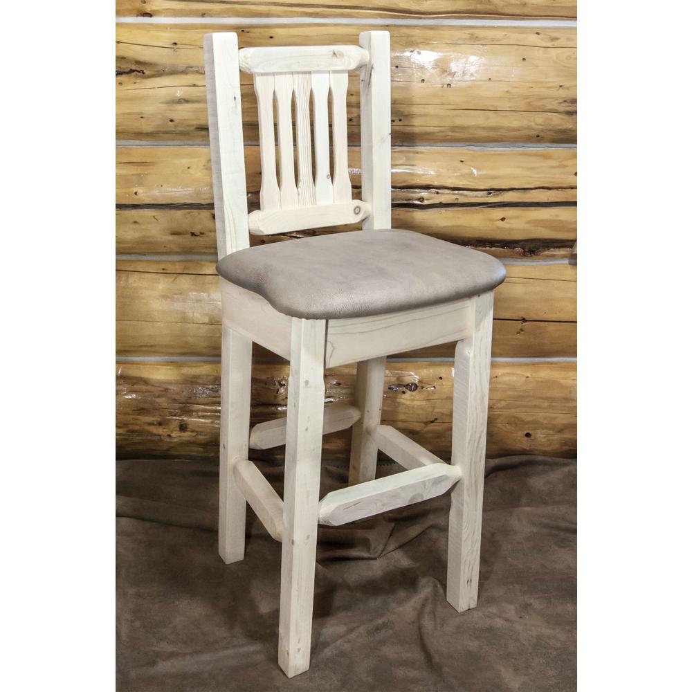 Homestead Collection Barstool w/ Back, Clear Lacquer Finish w/ Upholstered Seat, Buckskin Pattern. Picture 3
