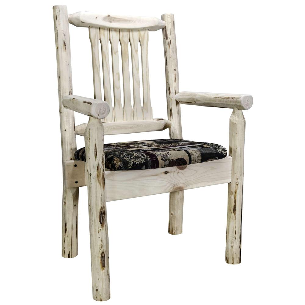 Montana Collection Captain's Chair, Clear Lacquer Finish w/ Upholstered Seat, Woodland Pattern. Picture 1