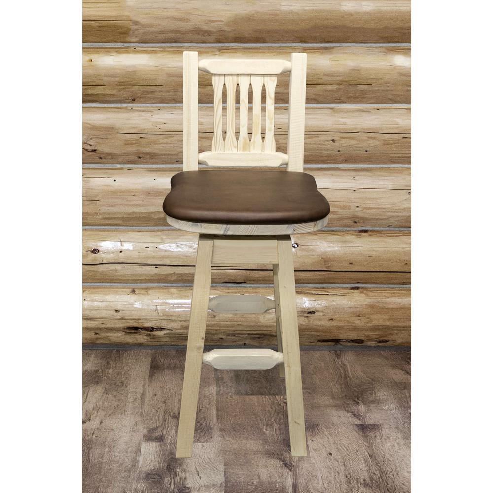 Homestead Collection Barstool w/ Back & Swivel, Clear Lacquer Finish w/ Upholstered Seat, Saddle Pattern. Picture 3
