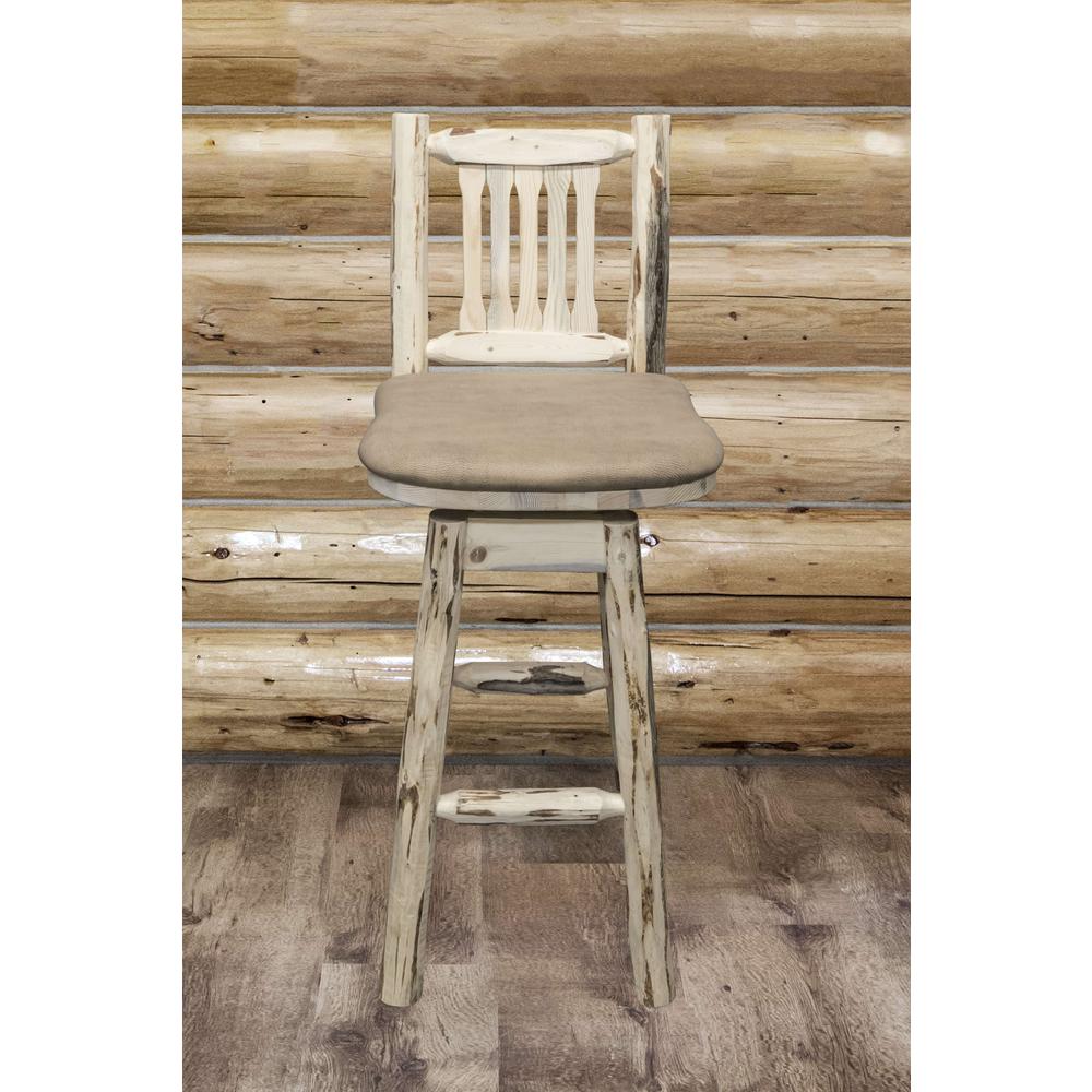 Montana Collection Barstool w/ Back & Swivel, Clear Lacquer Finish w/ Upholstered Seat, Buckskin Pattern. Picture 3