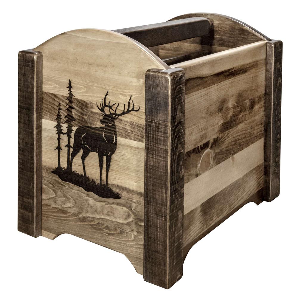 Homestead Collection Magazine Rack w/ Laser Engraved Elk Design, Stain & Clear Lacquer Finish. Picture 3