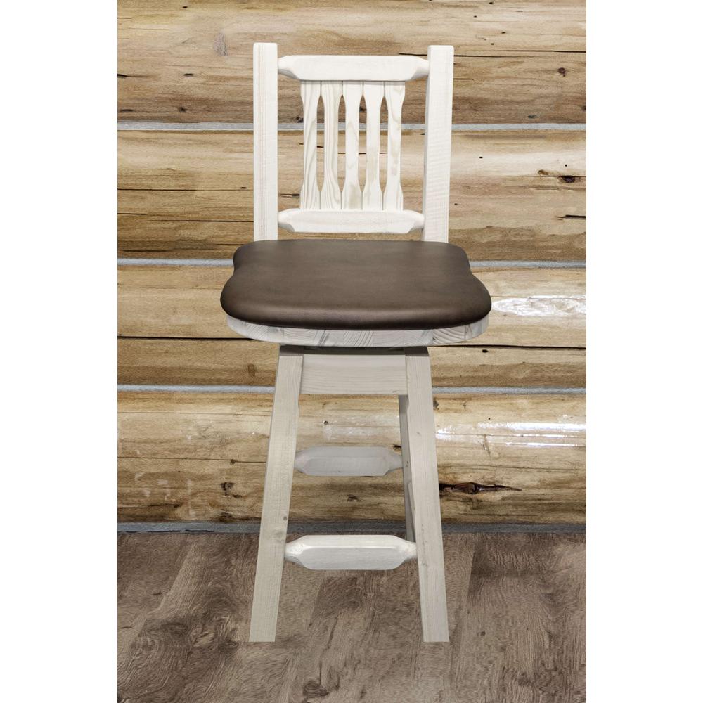 Homestead Collection Counter Height Barstool w/ Back & Swivel - Saddle Upholstery, Clear Lacquer Finish. Picture 3