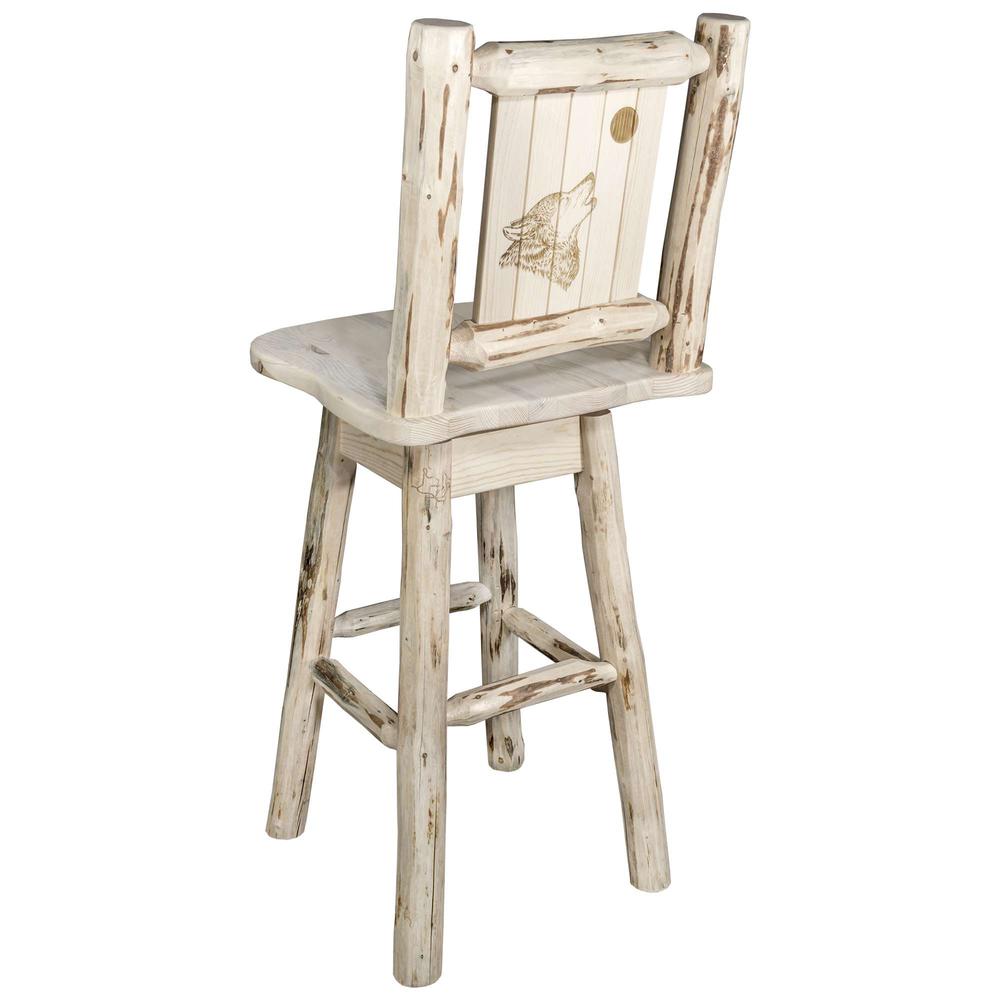 Montana Collection Barstool w/ Back & Swivel w/ Laser Engraved Wolf Design, Clear Lacquer Finish. Picture 1