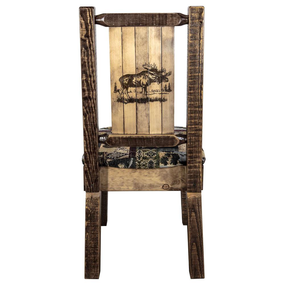 Homestead Collection Side Chair - Woodland Upholstery w/ Laser Engraved Moose Design, Stain & Lacquer Finish. Picture 2