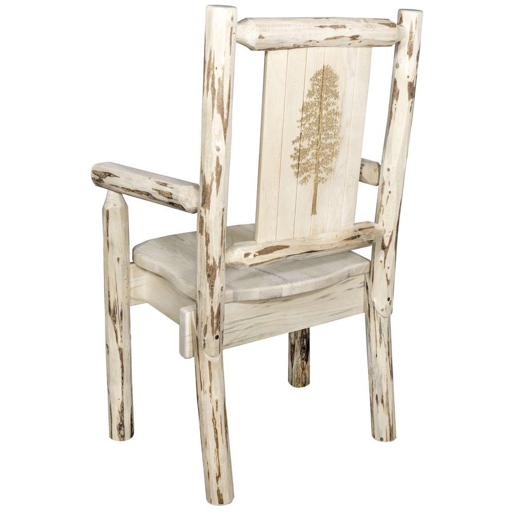 Montana Collection Captain's Chair w/ Laser Engraved Pine Tree Design, Clear Lacquer Finish. Picture 1