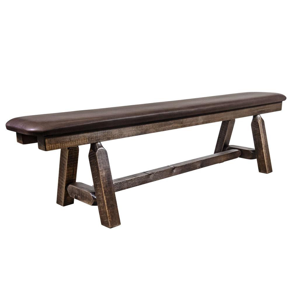 Homestead Collection Plank Style Bench, Stain & Clear Lacquer Finish, 6 Foot w/ Saddle Upholstery. Picture 1