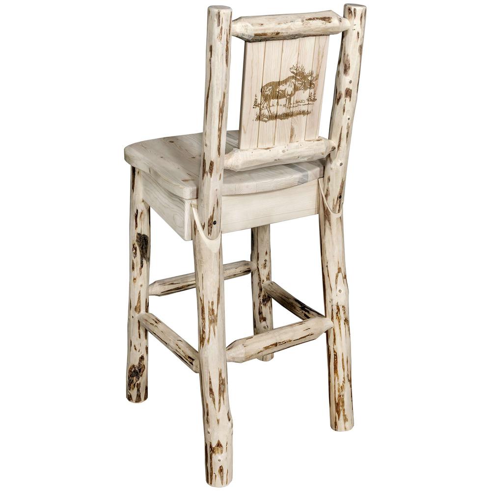 Montana Collection Barstool w/ Back w/ Laser Engraved Moose Design, Clear Lacquer Finish. Picture 1