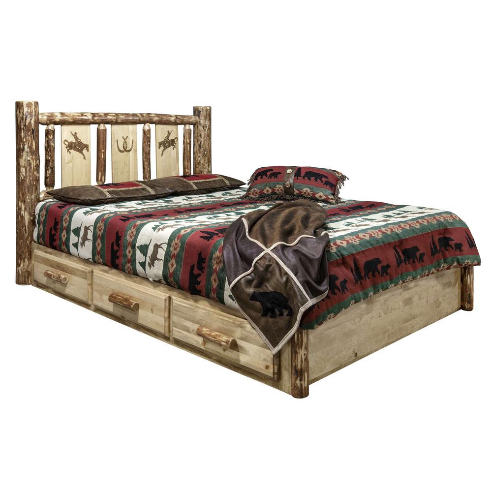 Glacier Country Collection Platform Bed w/ Storage, Twin w/ Laser Engraved Bronc Design. Picture 1