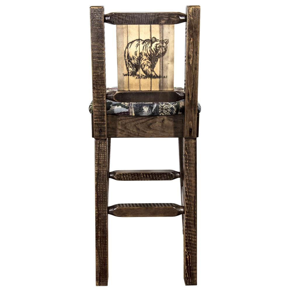 Homestead Collection Barstool w/ Back - Woodland Upholstery, w/ Laser Engraved Bear Design, Stain & Lacquer Finish. Picture 2