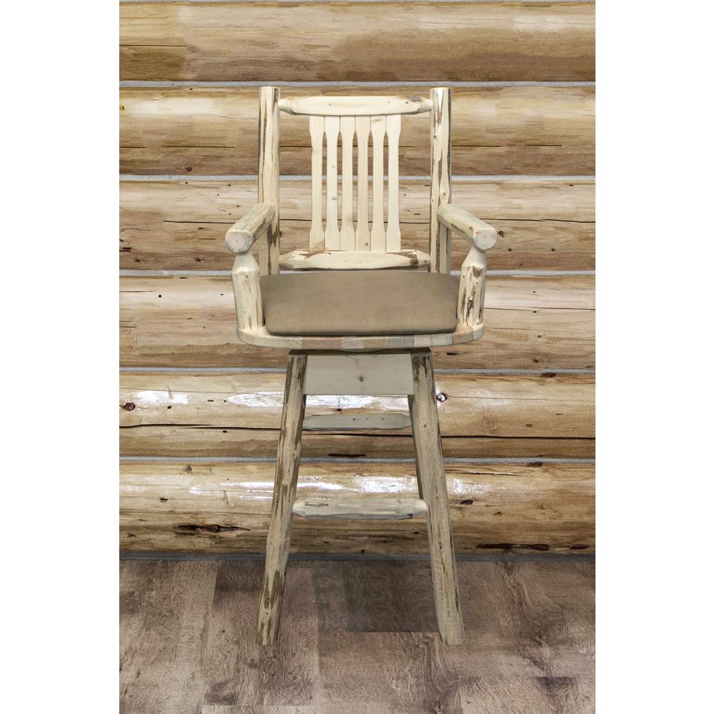 Montana Collection Captain's Barstool w/ Back & Swivel, Clear Lacquer Finish w/ Upholstered Seat, Buckskin Pattern. Picture 5