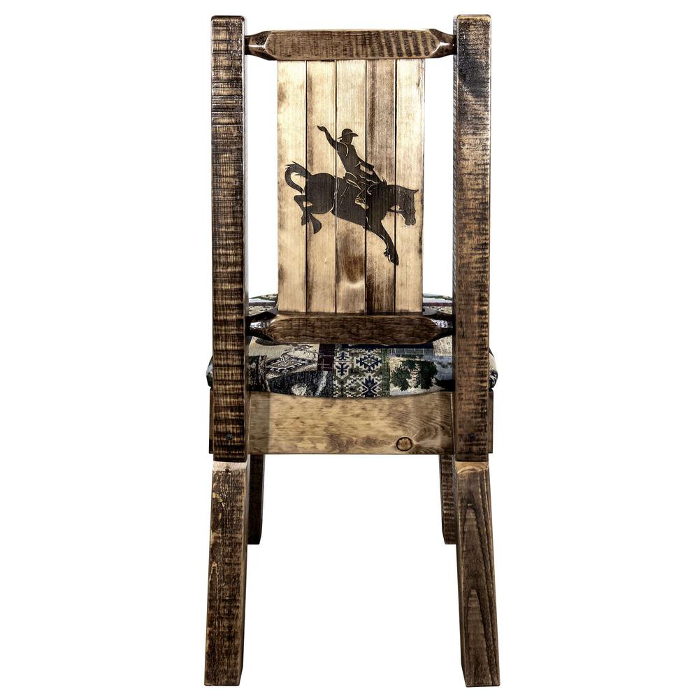 Homestead Collection Side Chair - Woodland Upholstery w/ Laser Engraved Bronc Design, Stain & Lacquer Finish. Picture 2