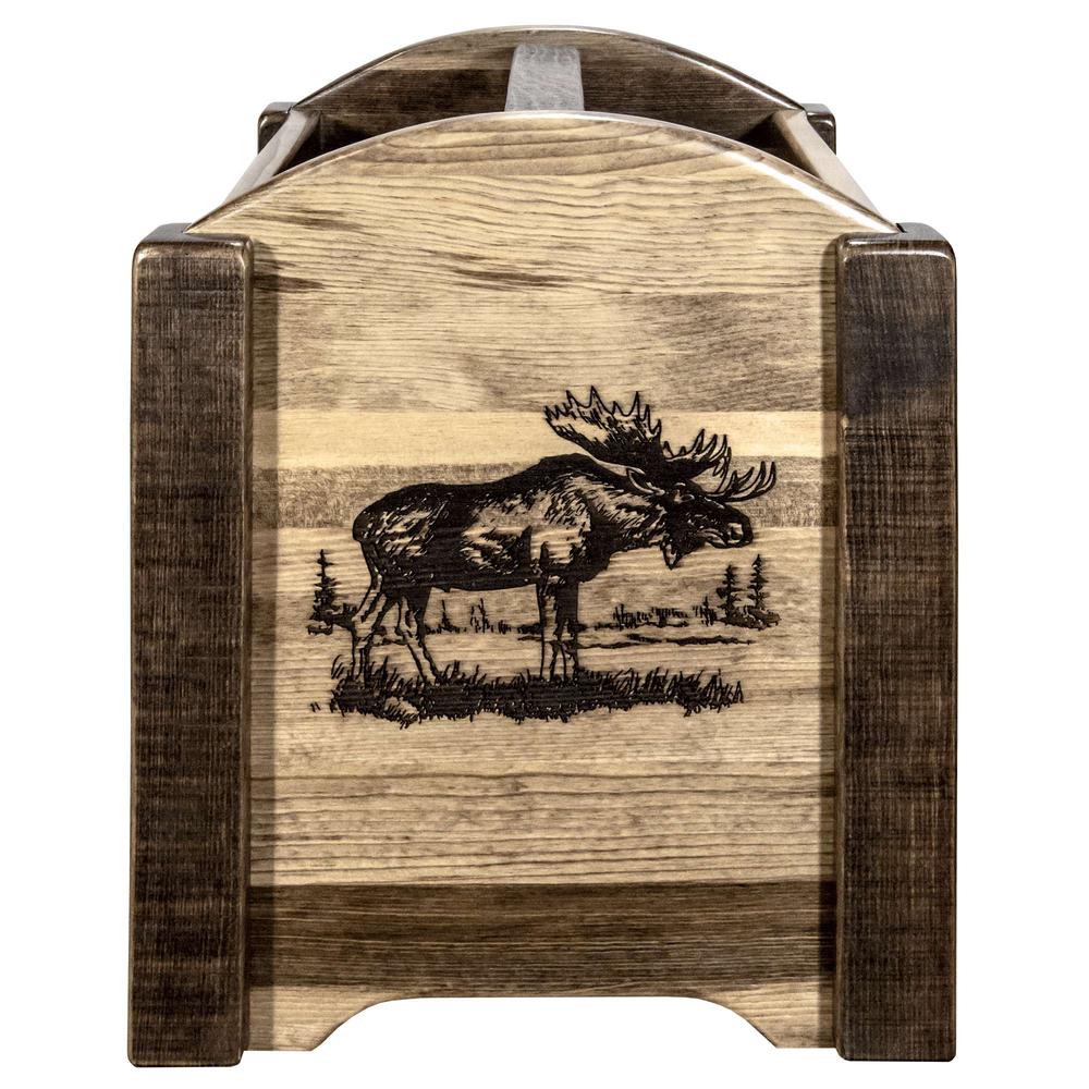 Homestead Collection Magazine Rack w/ Laser Engraved Moose Design, Stain & Clear Lacquer Finish. Picture 2