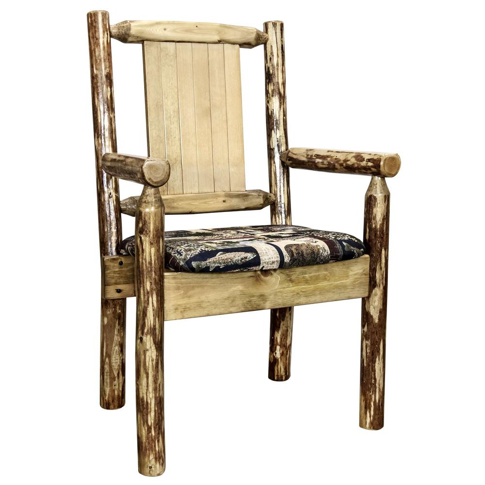 Glacier Country Collection Captain's Chair, Woodland Upholstery w/ Laser Engraved Pine Tree Design. Picture 3