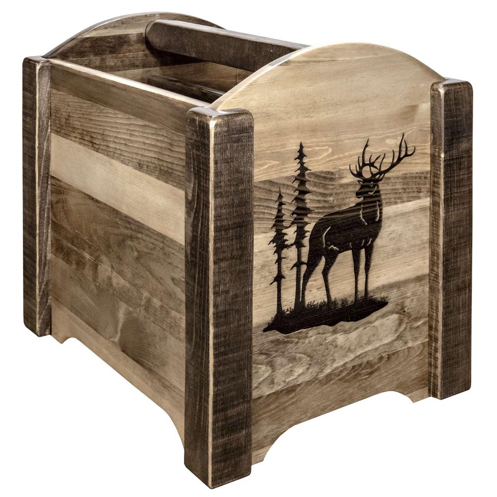 Homestead Collection Magazine Rack w/ Laser Engraved Elk Design, Stain & Clear Lacquer Finish. Picture 1