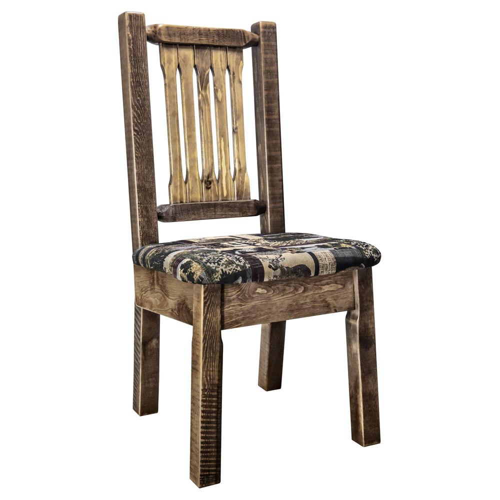 Homestead Collection Side Chair, Stain & Clear Lacquer Finish w/ Upholstered Seat, Woodland Pattern. Picture 1