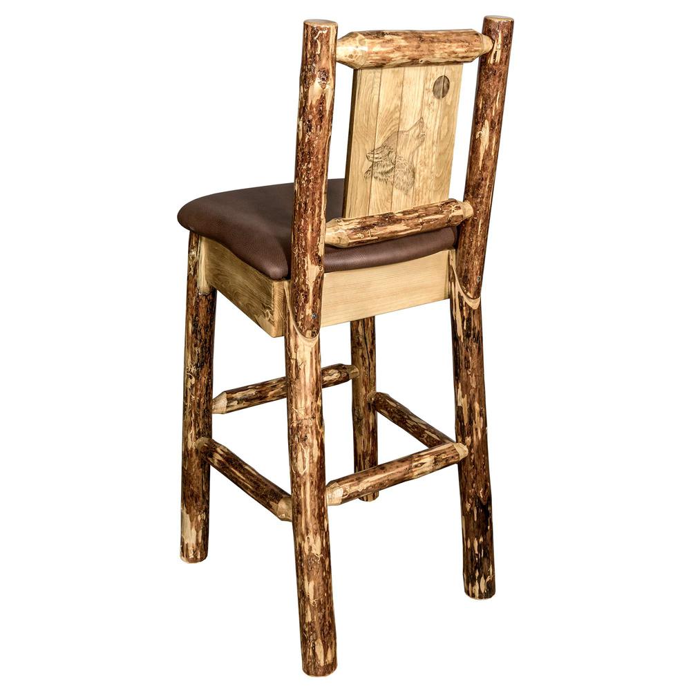 Glacier Country Collection Barstool w/ Back - Saddle Upholstery, w/ Laser Engraved Wolf Design. Picture 1