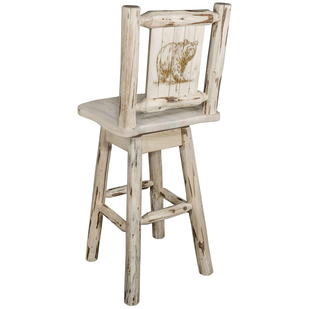 Montana Collection Barstool w/ Back & Swivel w/ Laser Engraved Bear Design, Clear Lacquer Finish. Picture 1