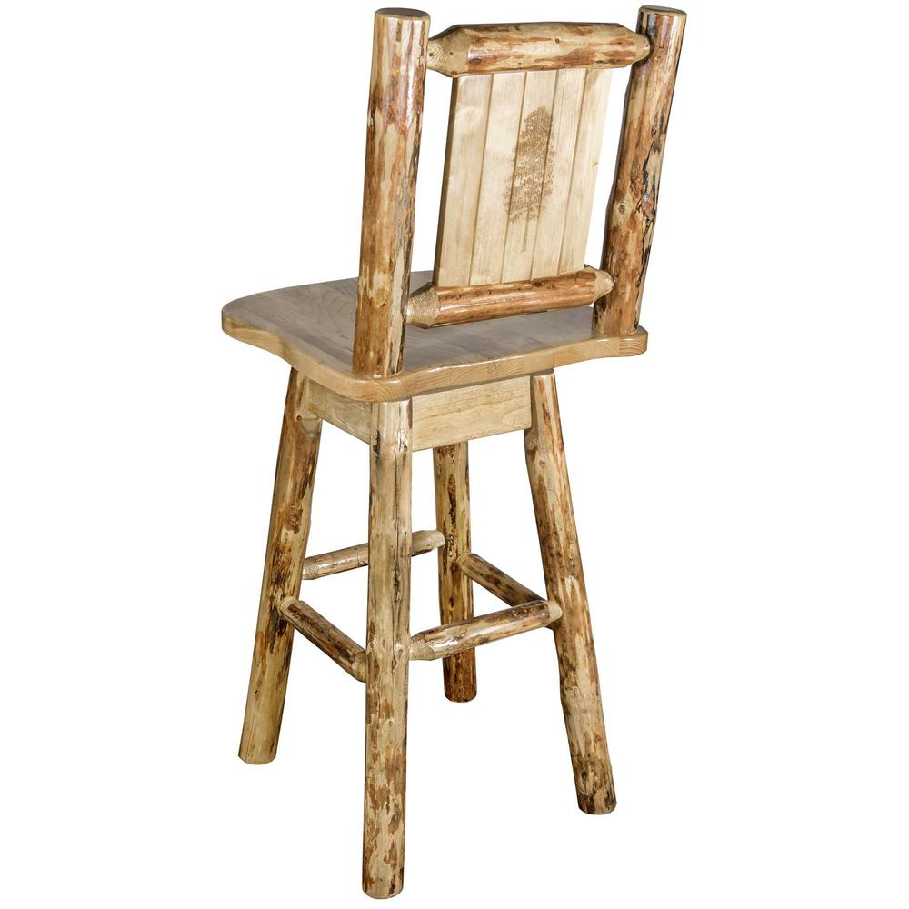 Glacier Country Collection Barstool w/ Back & Swivel w/ Laser Engraved Pine Tree Design. Picture 1
