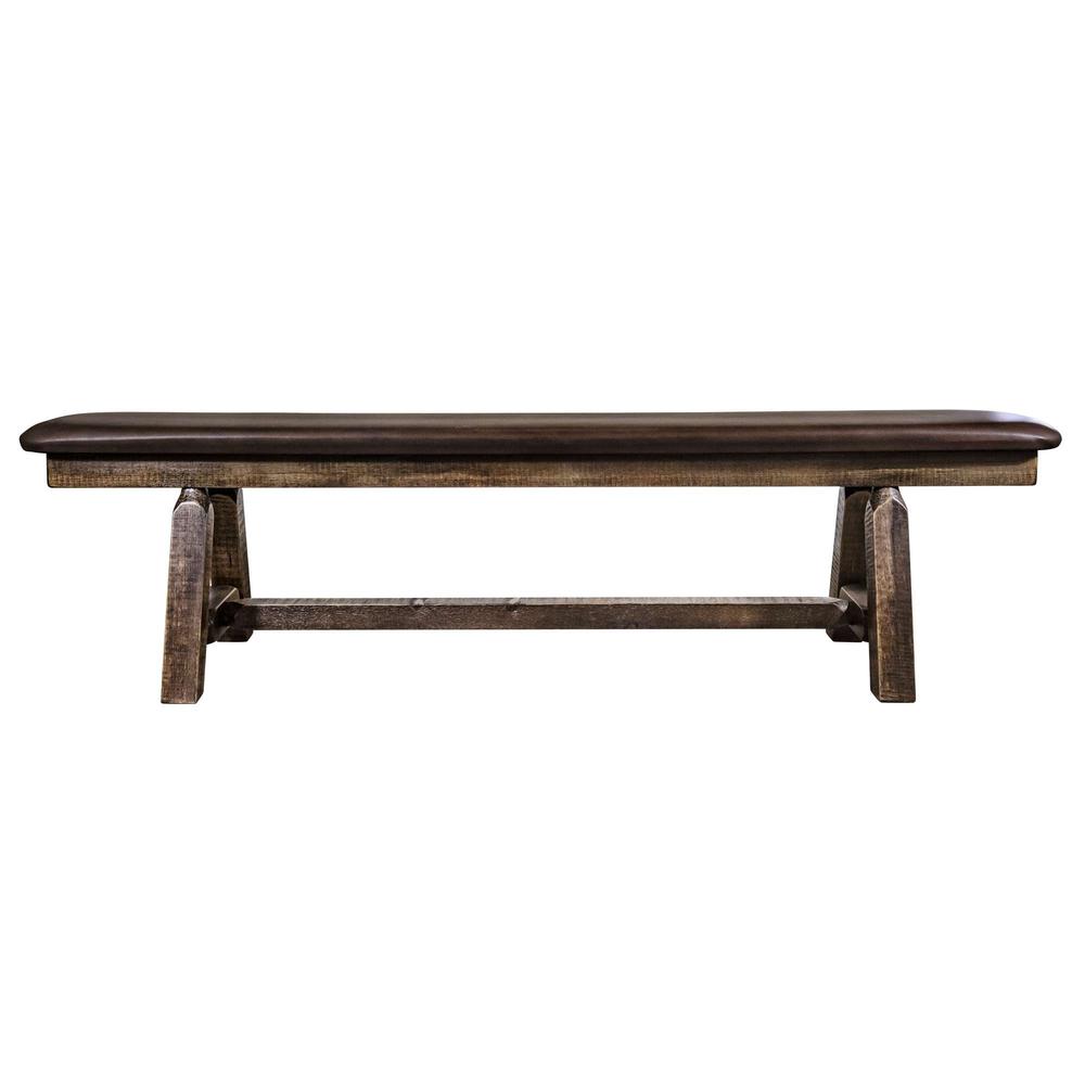 Homestead Collection Plank Style Bench, Stain & Clear Lacquer Finish, 6 Foot w/ Saddle Upholstery. Picture 2