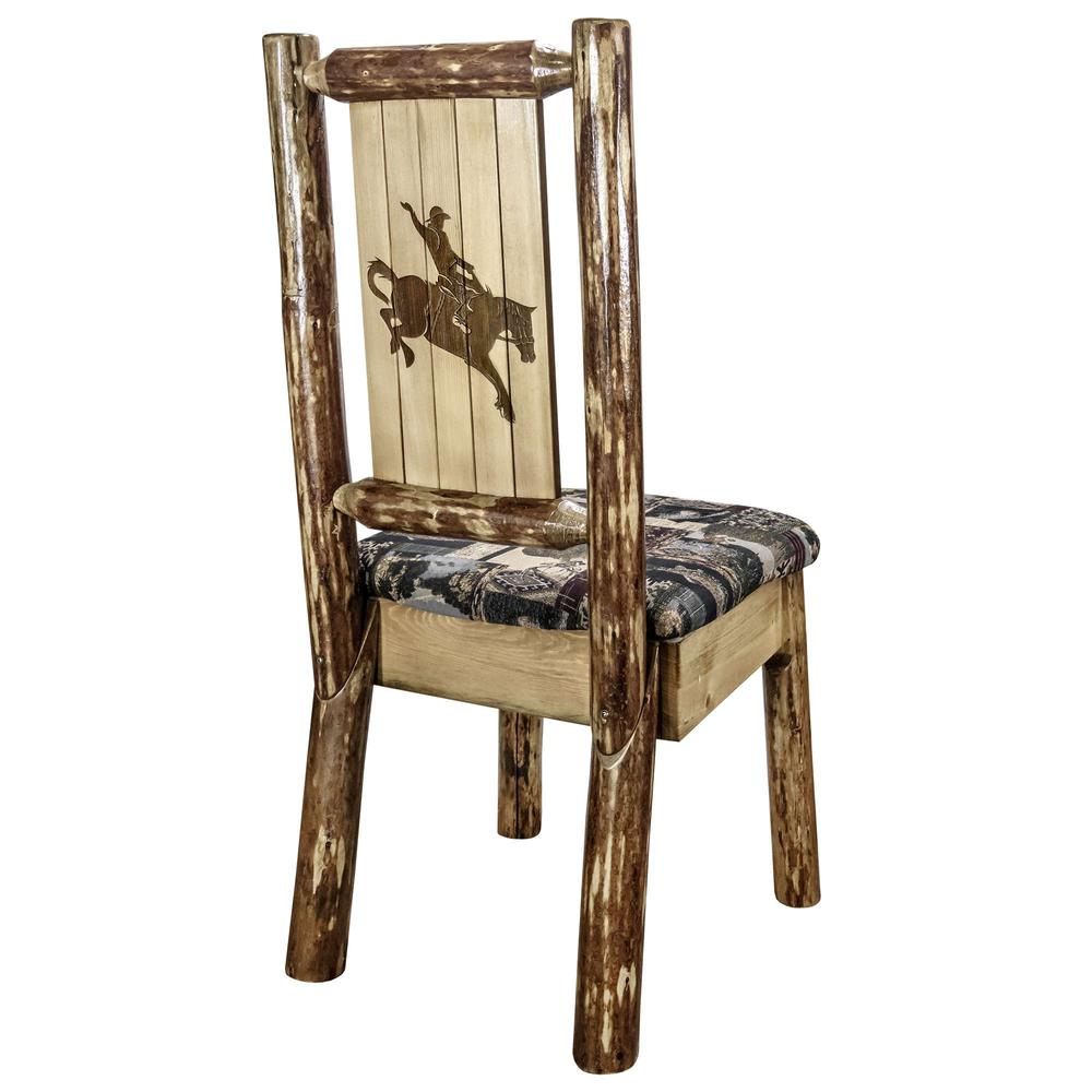 Glacier Country Collection Side Chair - Woodland Upholstery, w/ Laser Engraved Bronc Design. Picture 1