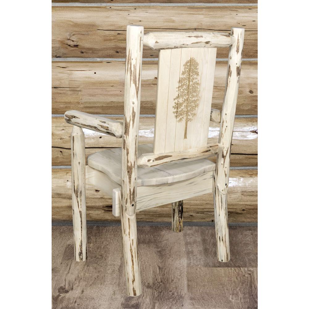 Montana Collection Captain's Chair w/ Laser Engraved Pine Tree Design, Clear Lacquer Finish. Picture 6