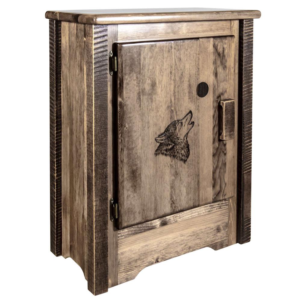 Homestead Collection Accent Cabinet w/ Laser Engraved Wolf Design, Left Hinged, Stain & Clear Lacquer Finish. Picture 1