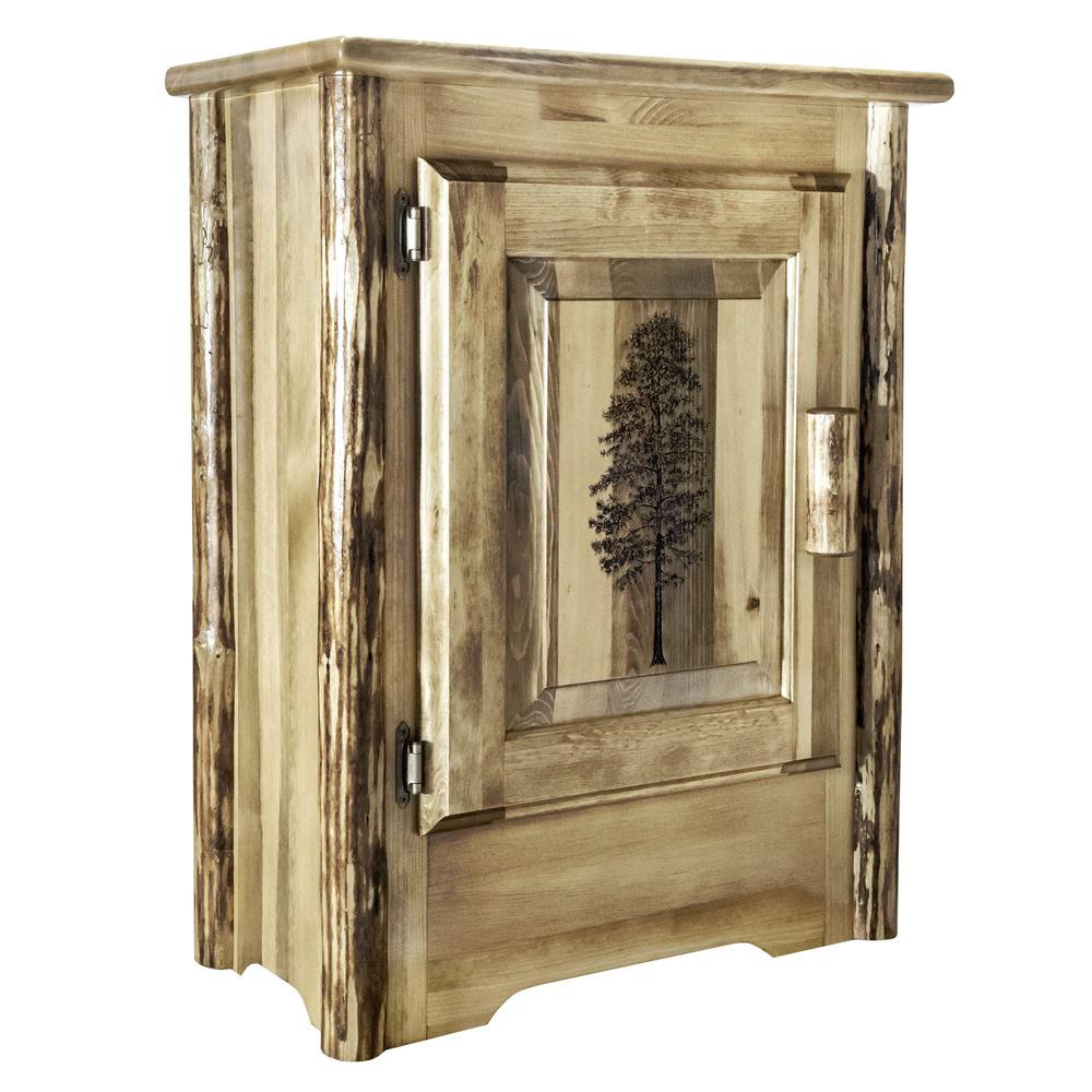 Glacier Country Collection Accent Cabinet w/ Laser Engraved Pine Design, Left Hinged. Picture 1