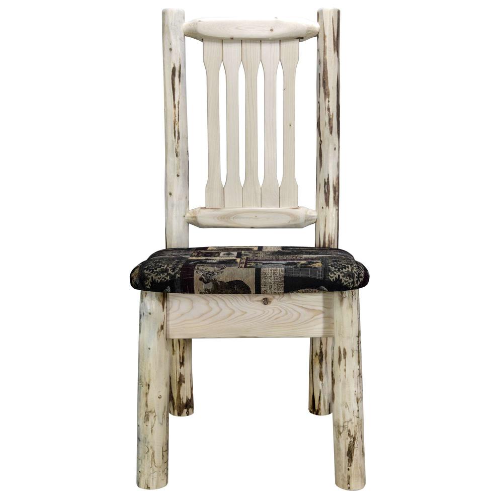 Montana Collection Side Chair, Clear Lacquer Finish w/ Upholstered Seat, Woodland Pattern. Picture 2