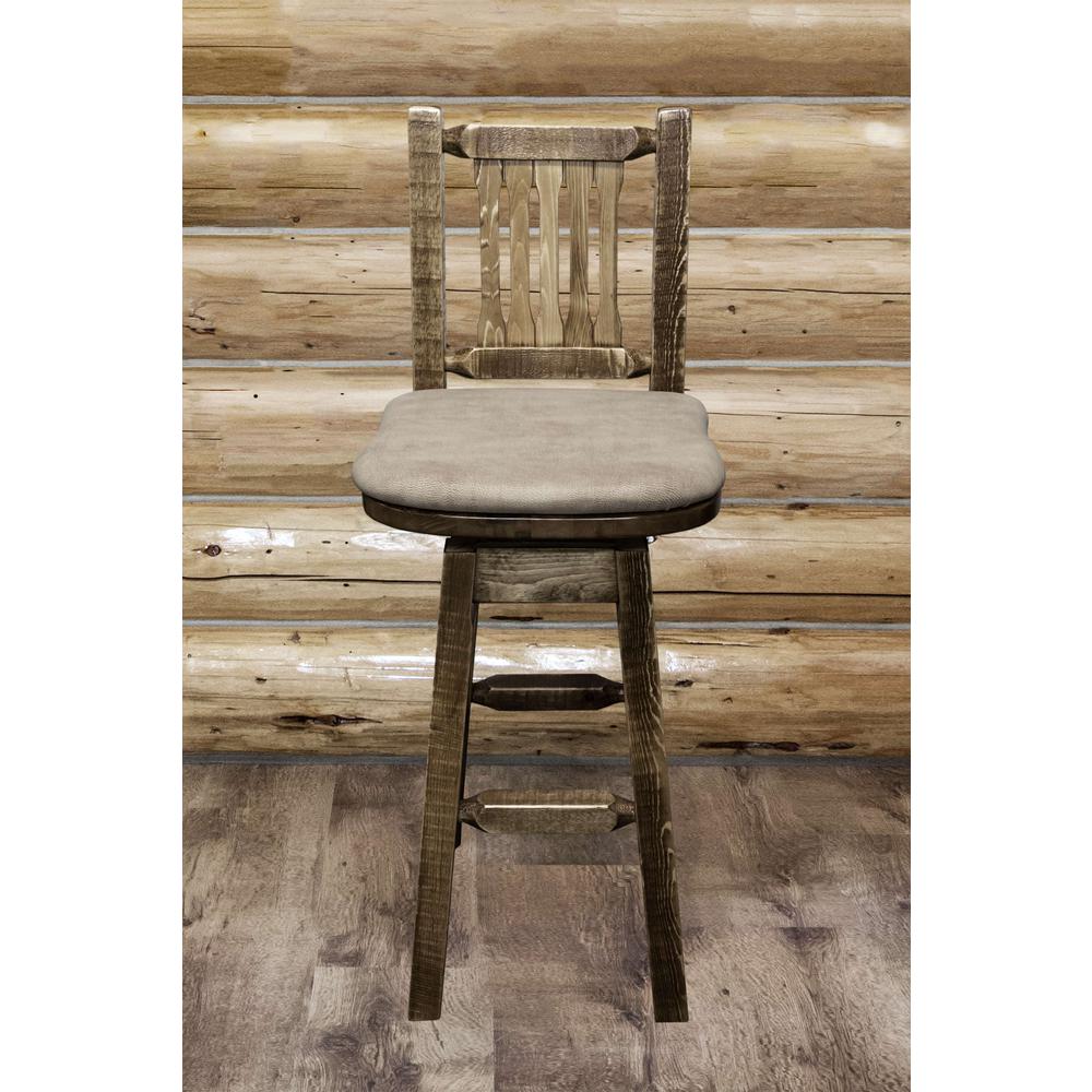 Homestead Collection Barstool w/ Back & Swivel, Stain & Clear Lacquer Finish w/ Upholstered Seat, Buckskin Pattern. Picture 3