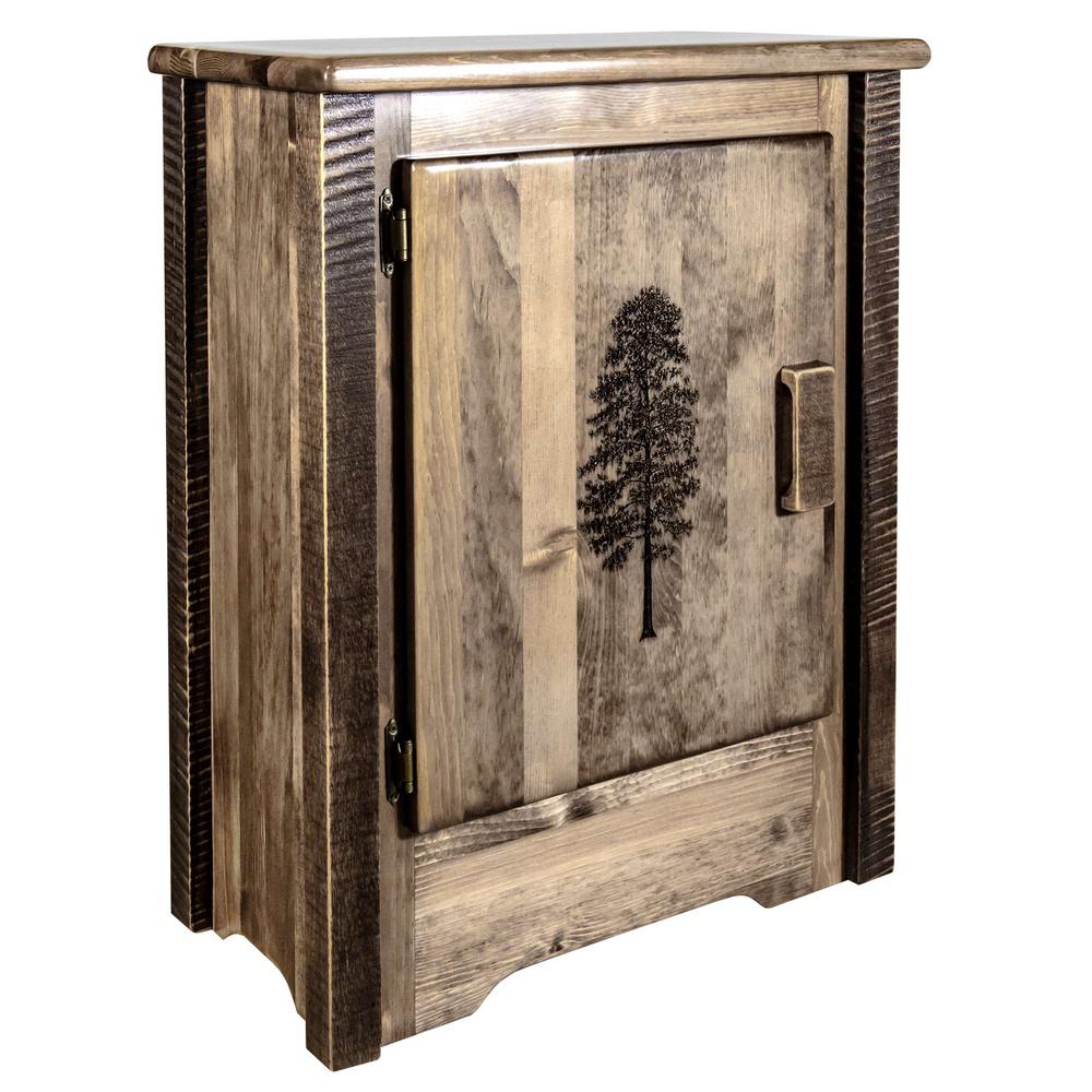 Homestead Collection Accent Cabinet w/ Laser Engraved Pine Design, Left Hinged, Stain & Clear Lacquer Finish. Picture 1