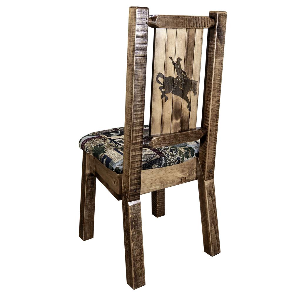 Homestead Collection Side Chair - Woodland Upholstery w/ Laser Engraved Bronc Design, Stain & Lacquer Finish. Picture 1