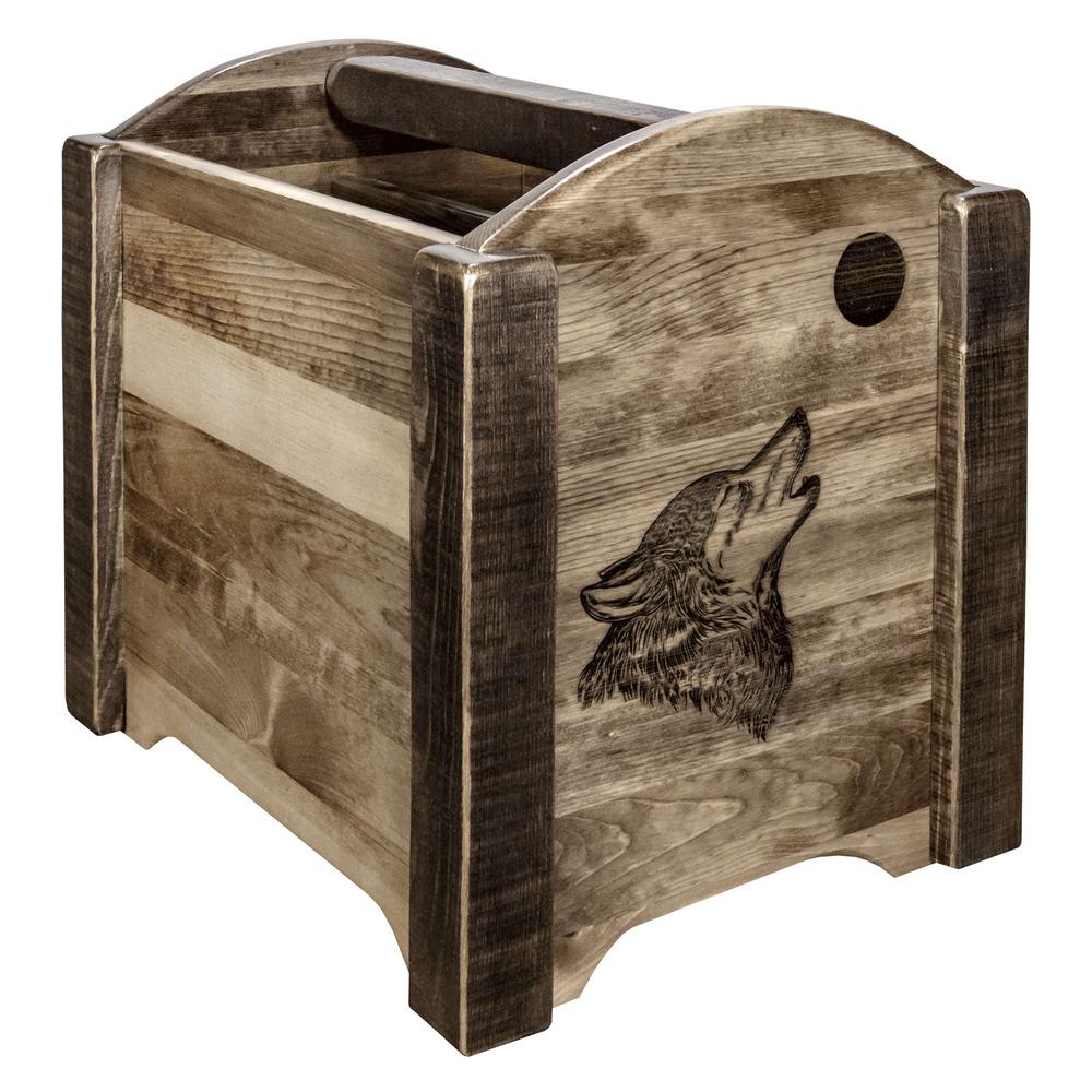 Homestead Collection Magazine Rack w/ Laser Engraved Wolf Design, Stain & Clear Lacquer Finish. Picture 1