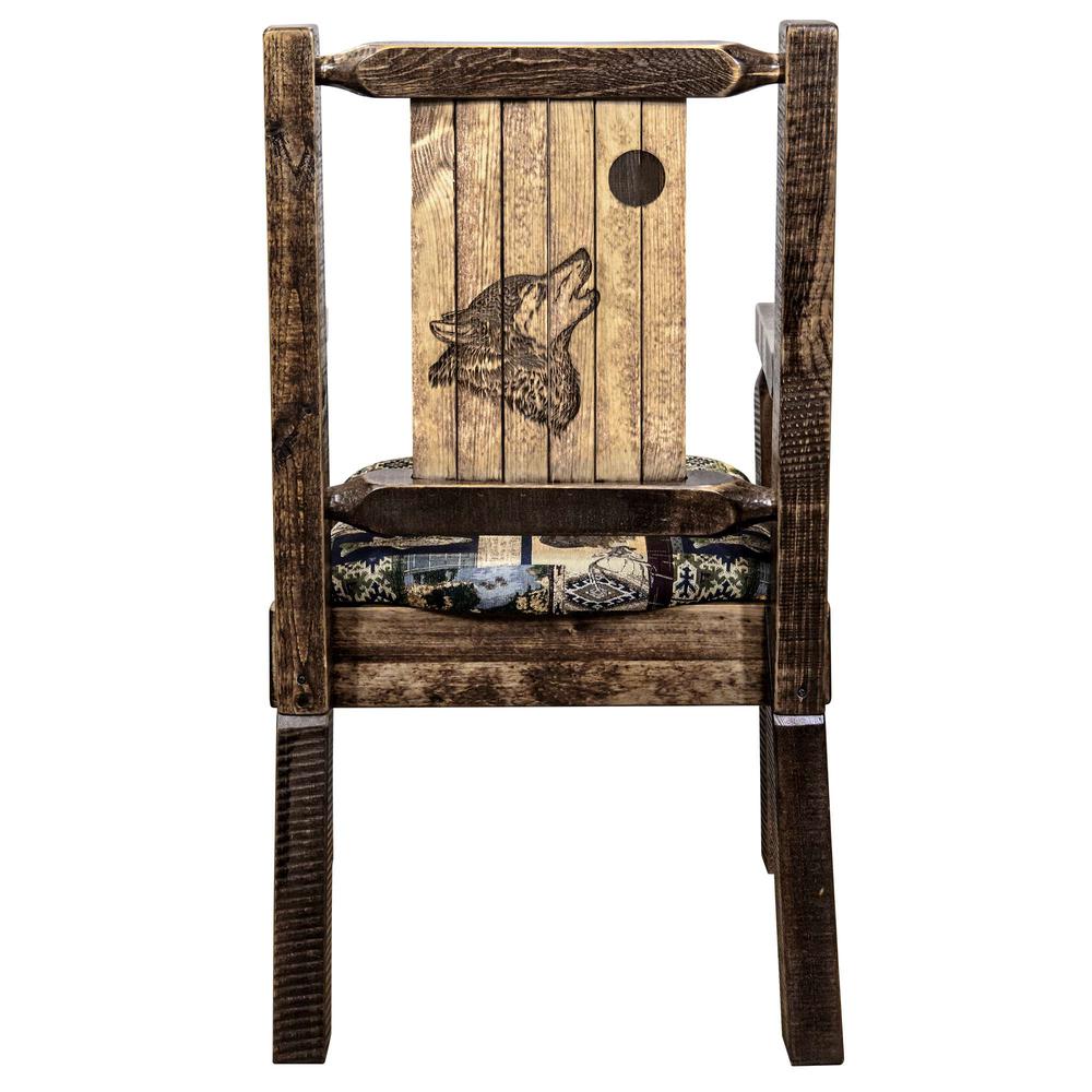 Homestead Collection Captain's Chair, Woodland Upholstery w/ Laser Engraved Wolf Design, Stain & Lacquer Finish. Picture 2