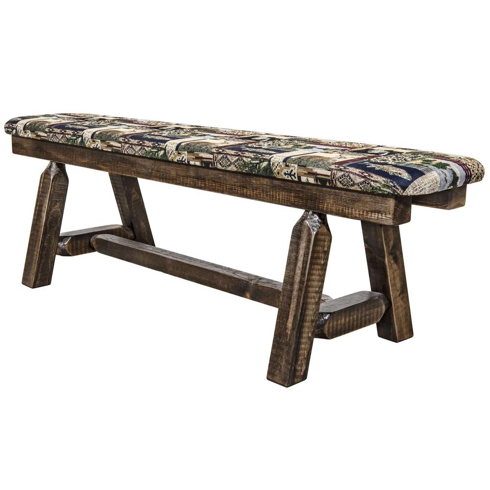 Homestead Collection Plank Style Bench, Stain & Clear Lacquer Finish, 5 Foot w/ Woodland Upholstery. Picture 3