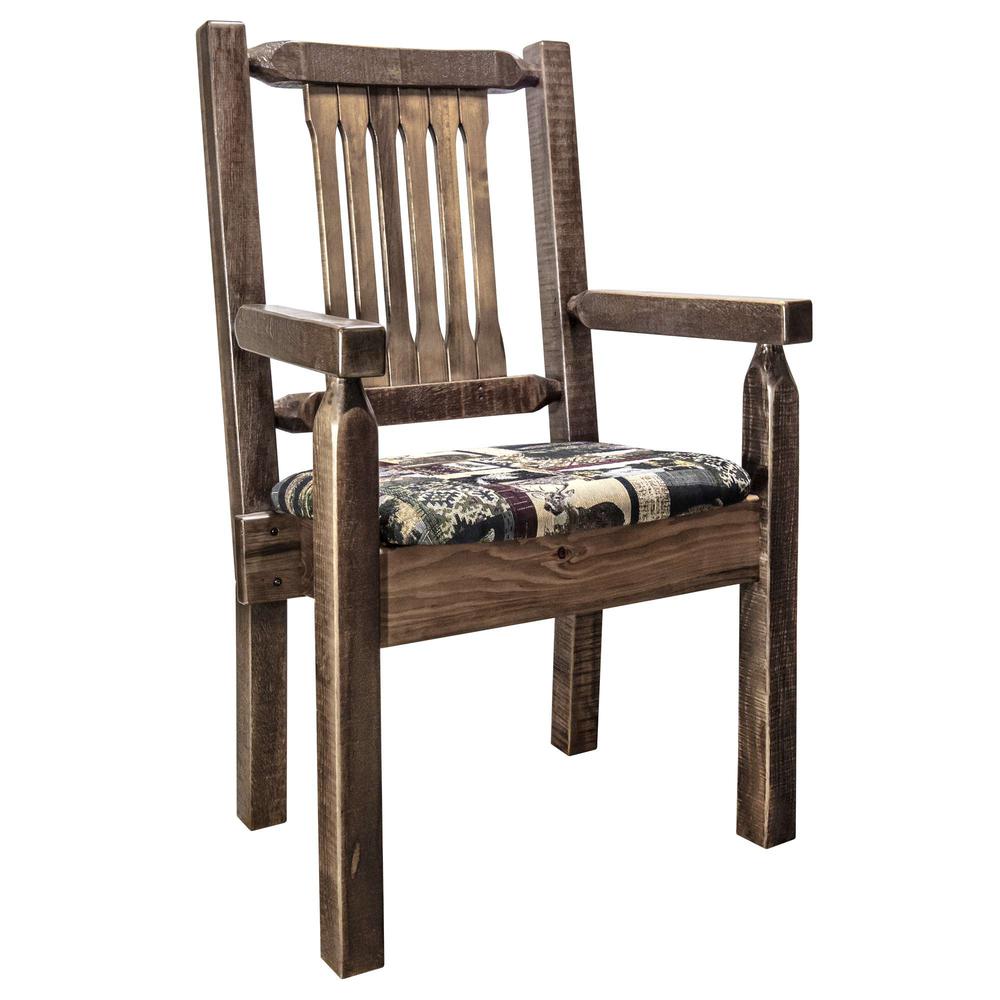 Homestead Collection Captain's Chair, Stain & Clear Lacquer Finish w/ Upholstered Seat, Woodland Pattern. Picture 1