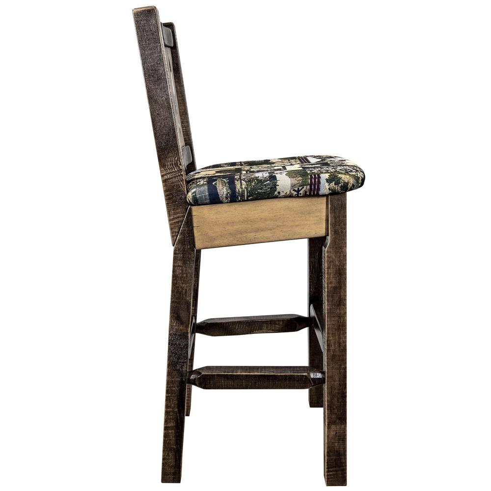 Homestead Collection Barstool w/ Back, Stain & Clear Lacquer Finish w/ Upholstered Seat, Woodland Pattern. Picture 3