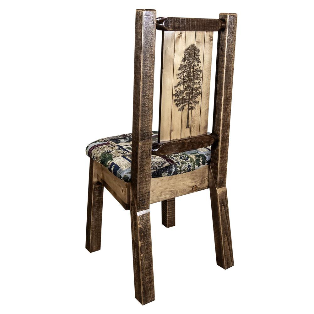 Homestead Collection Side Chair - Woodland Upholstery w/ Laser Engraved Pine Tree Design, Stain & Lacquer Finish. Picture 1
