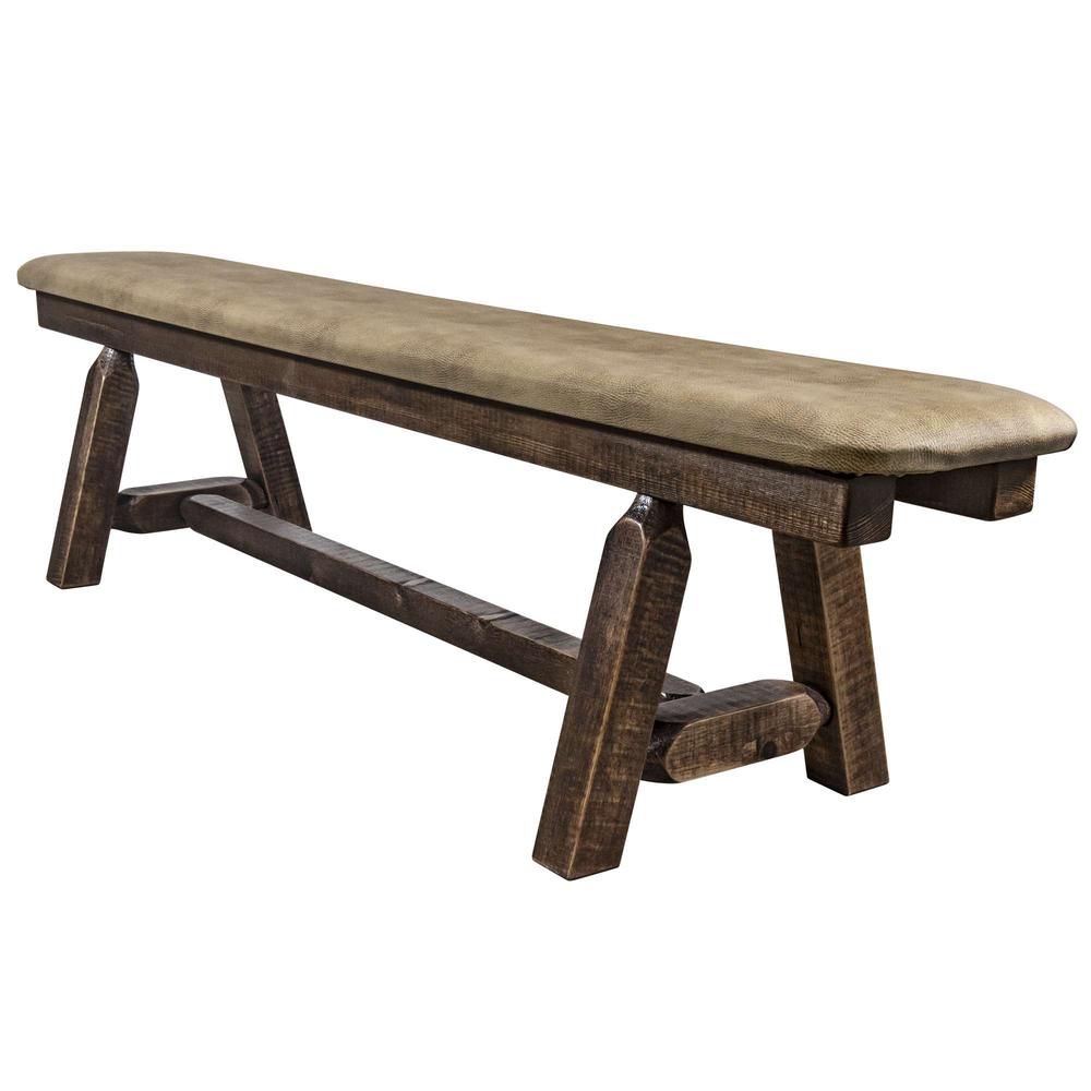 Homestead Collection Plank Style Bench, Stain & Clear Lacquer Finish, 6 Foot w/ Buckskin Upholstery. Picture 3