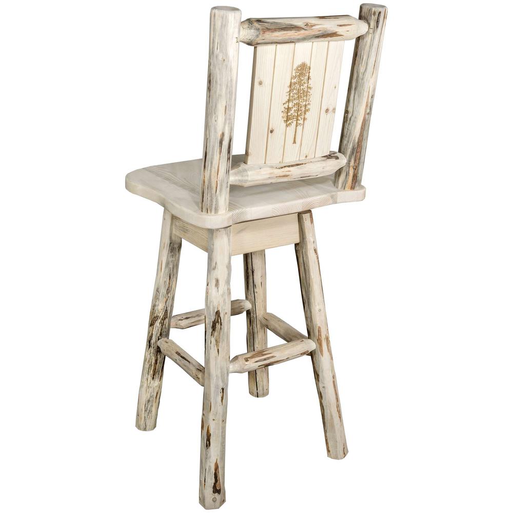 Montana Collection Barstool w/ Back & Swivel w/ Laser Engraved Pine Tree Design, Clear Lacquer Finish. Picture 1