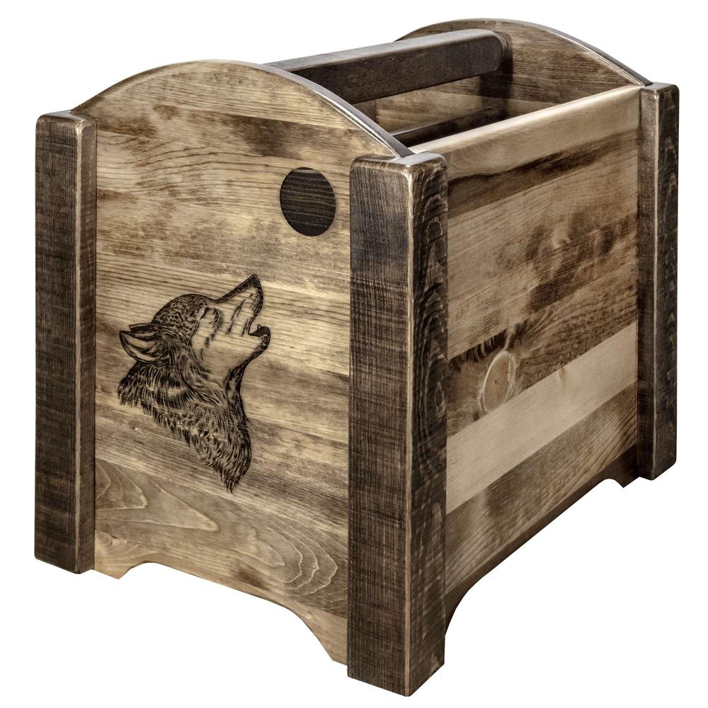 Homestead Collection Magazine Rack w/ Laser Engraved Wolf Design, Stain & Clear Lacquer Finish. Picture 3